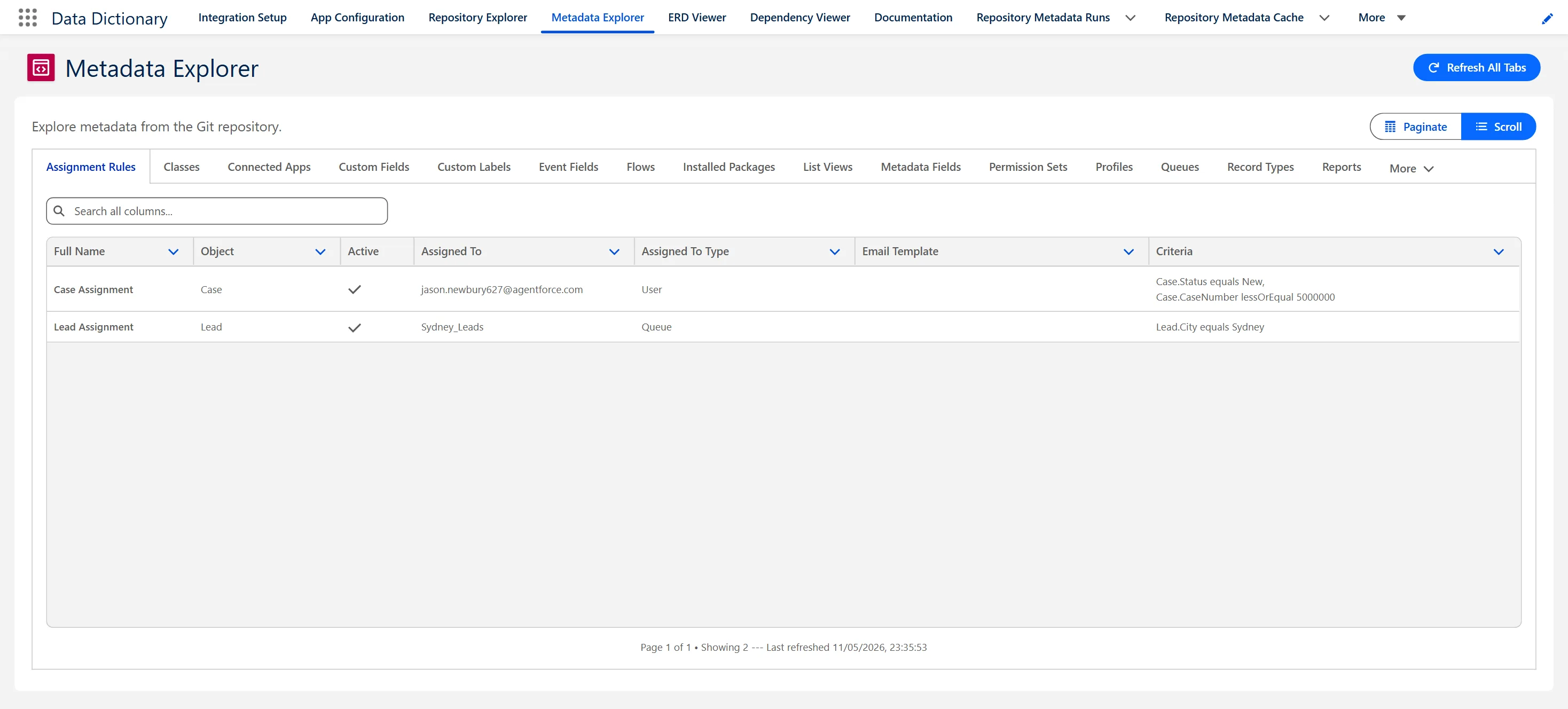 The Metadata Explorer: a tab for each metadata type, and the assignment rules table open below.