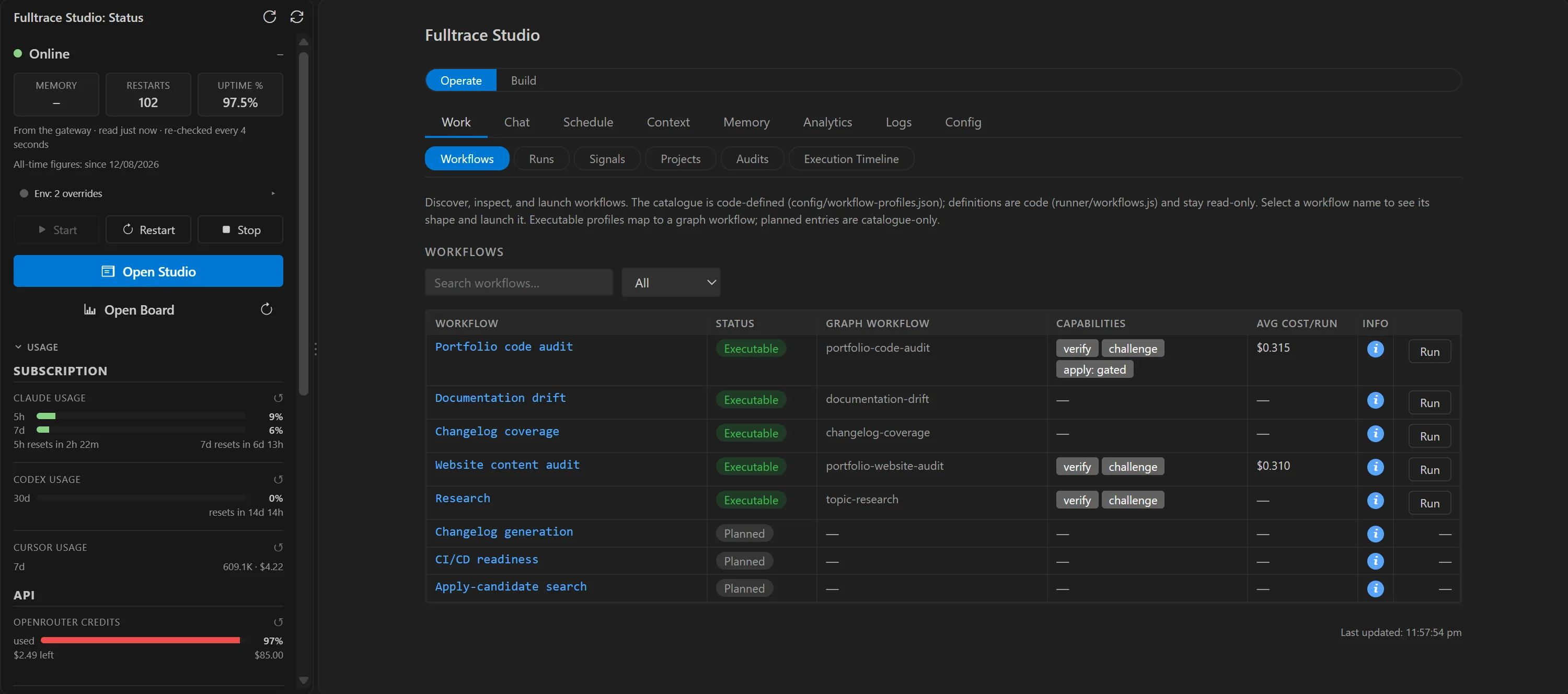 Fulltrace Studio in the code editor: the sidebar with the system's health and usage limits, and Studio open beside it on Operate > Work, the workflow catalogue.